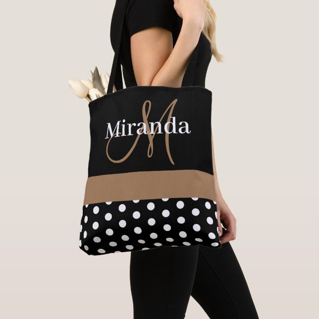 Black White Brown Monogram Script Polka Dots Tote Bag (Close Up)