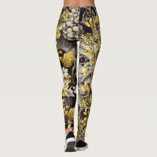 Black White Brown Tones Gold Floral Toile Leggings