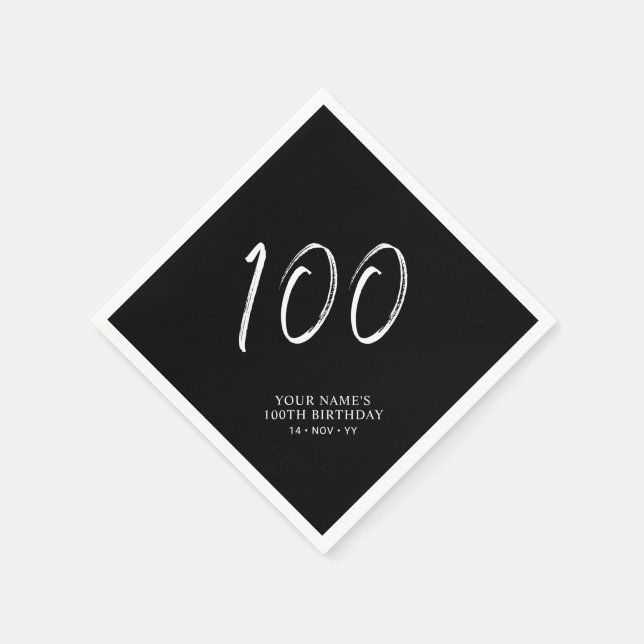 Black & White | Brush Script 100th Birthday Party  Napkins (Corner)
