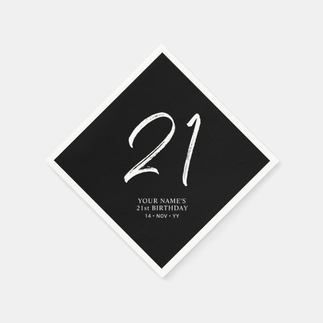 Black & White | Brush Script 21st Birthday Party  Napkins (Corner)