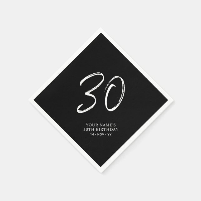 Black & White | Brush Script 30th Birthday Party  Napkins (Corner)