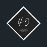 Black & White | Brush Script 40th Birthday Party  Napkins<br><div class="desc">This simple custom napkin will add stylish details to your 40th birthday party. This design features chic brush script "40" with custom text on a black background. Matching invitations and party supplies are available in my shop BaraBomDesign.</div>