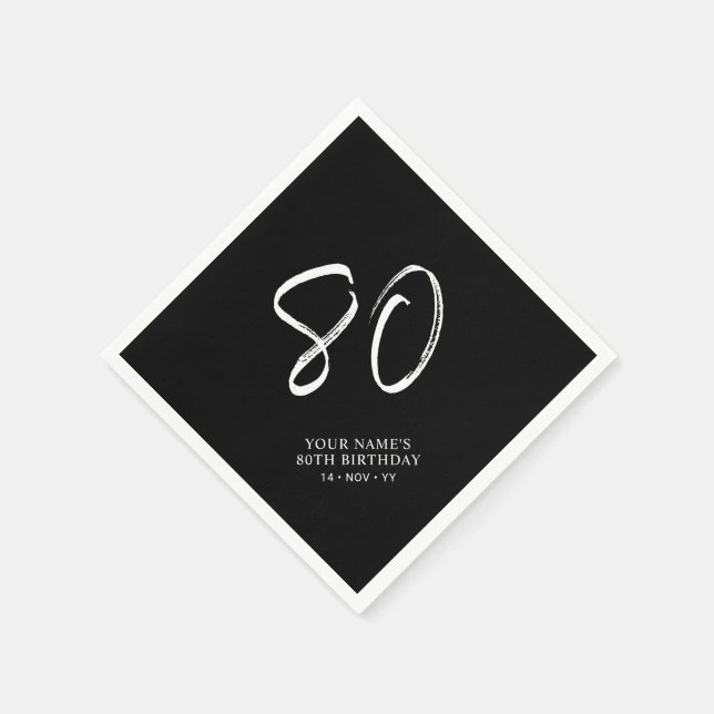 Black & White | Brush Script 80th Birthday Party  Napkins (Corner)