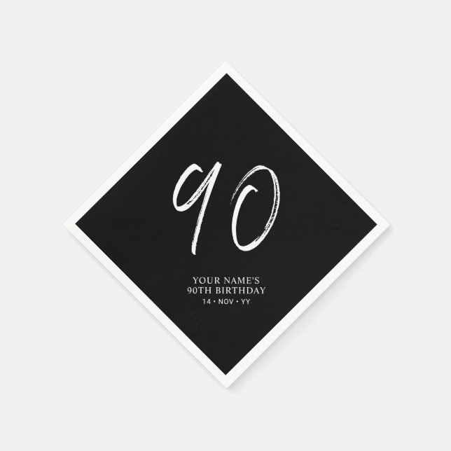 Black & White | Brush Script 90th Birthday Party  Napkins (Corner)