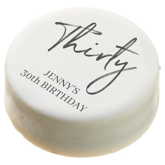 Black & White Brush Script Thirty 30th Birthday Chocolate Covered Oreo (Angled)