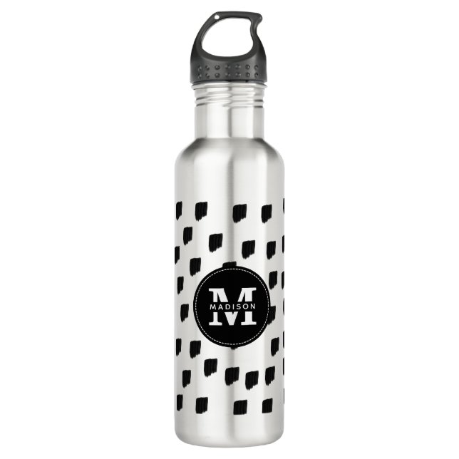 Black & White Brushstroke Monogram Stainless Steel Water Bottle (Front)