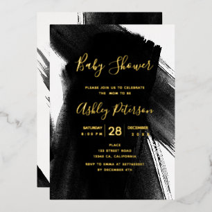 Black white brushstrokes typography baby shower foil invitation