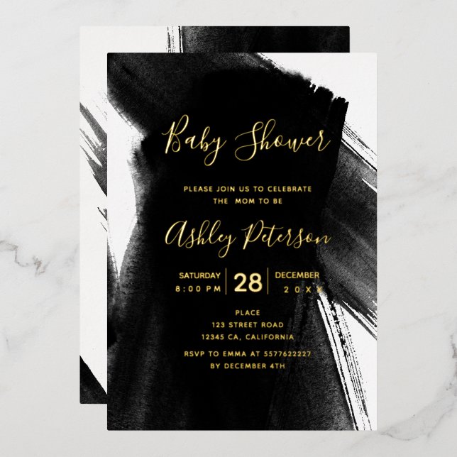 Black white brushstrokes typography baby shower foil invitation (Front/Back)