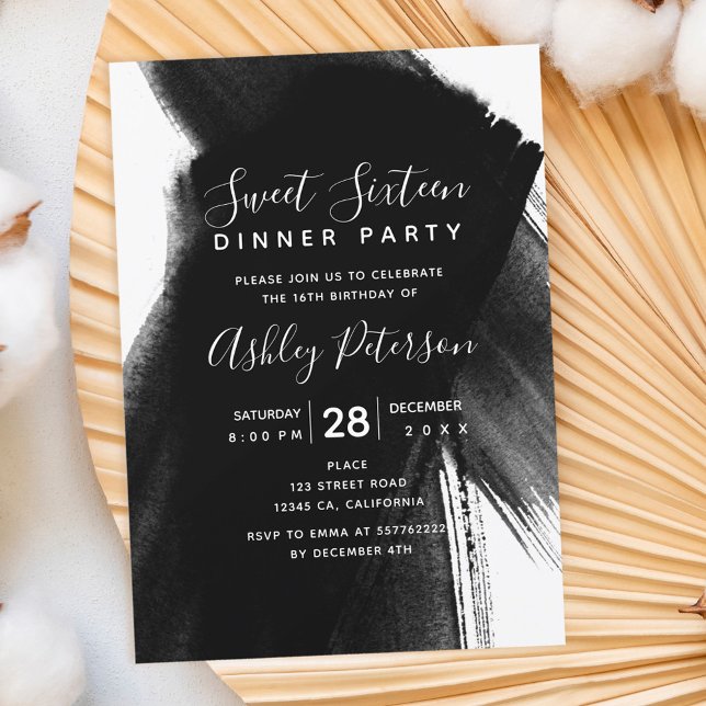 Black white brushstrokes typography Sweet 16 Invitation (Creator Uploaded)
