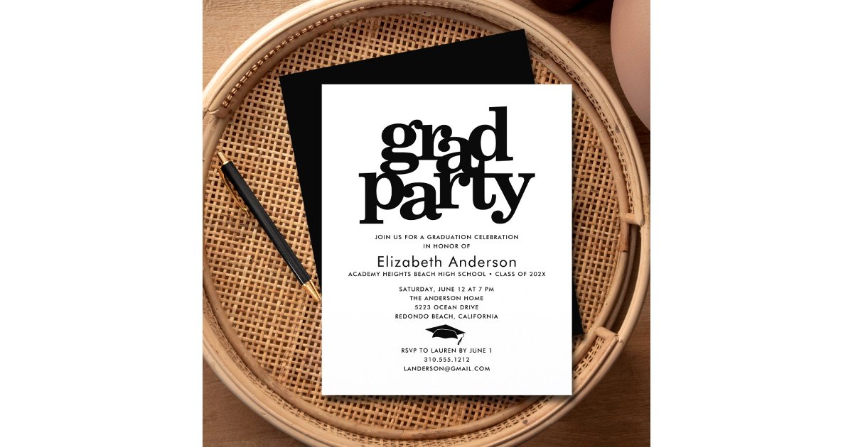 Black white budget grad cap modern party invite | Zazzle