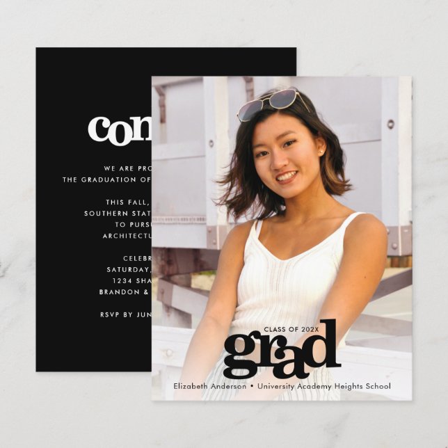 Black white budget graduation photo invitation (Front/Back)