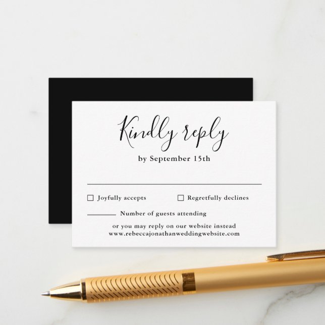 Black White Budget Script Wedding RSVP Card (Front/Back In Situ)