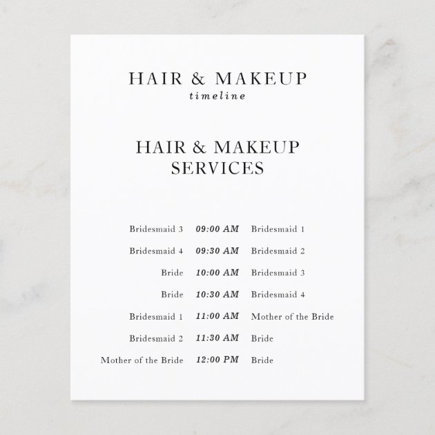 Black White Budget Wedding Hair Makeup Timeline Flyer
