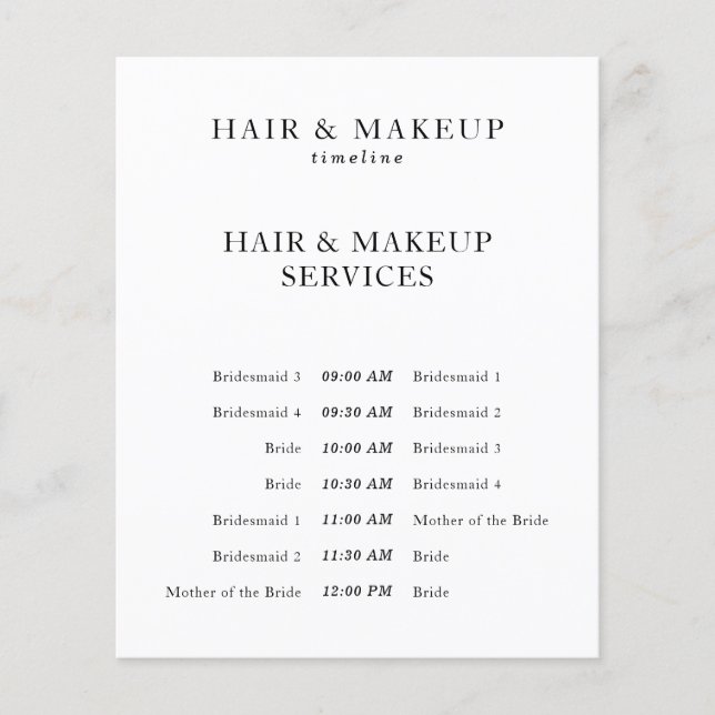 Black White Budget Wedding Hair Makeup Timeline Flyer (Front)