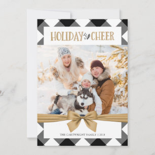 Black & White Buffalo Check Brown Kraft CHEER Holiday Card