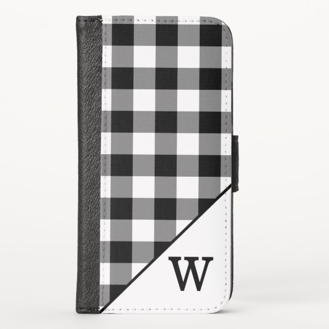Black White Buffalo Check Custom Monogram iPhone Wallet Case (Front)