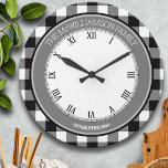 Black/White Buffalo Check Family Name Large Clock<br><div class="desc">Fun,  personalized design.  Makes the perfect gift for a housewarming,  wedding,  or any occasion! A trendy,  classic buffalo check style pattern,  popular in farmhouse chic and lumberjack style decor and timeless fashion.</div>