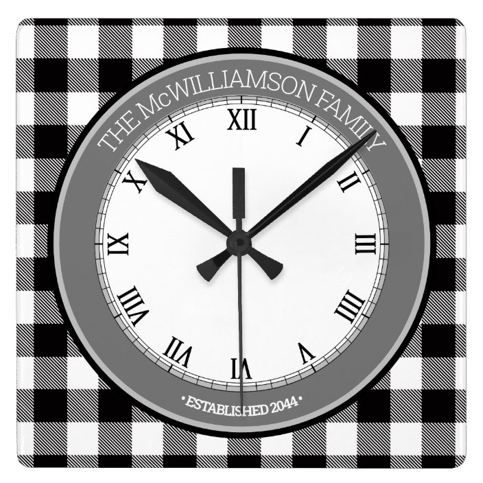 Black/White Buffalo Check Family Name Square Wall Clock