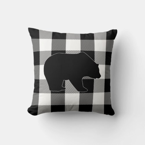 Black White Buffalo Check  Lumberjack Plaid Bear Throw Pillow