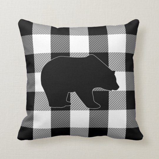 Black White Buffalo Check Lumberjack Plaid Bear Throw Pillow