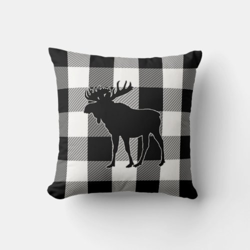 Black White Buffalo Check  Lumberjack Plaid Moose Throw Pillow