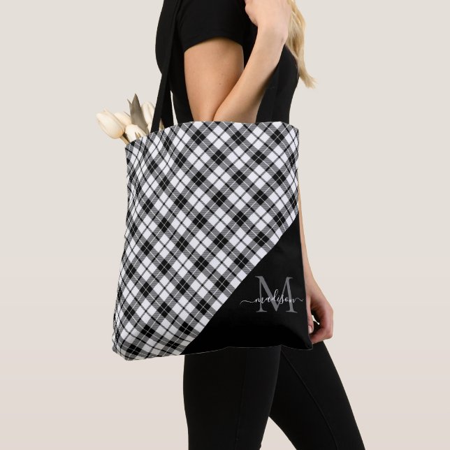 Black White Buffalo Check Plaid Elegant Monogram Tote Bag (Close Up)