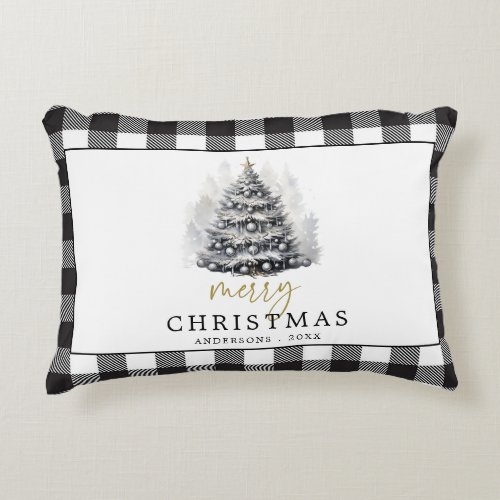 Black White Buffalo Check Plaid Merry Christmas Accent Pillow