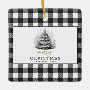 Black White Buffalo Check Plaid Merry Christmas Ceramic Ornament