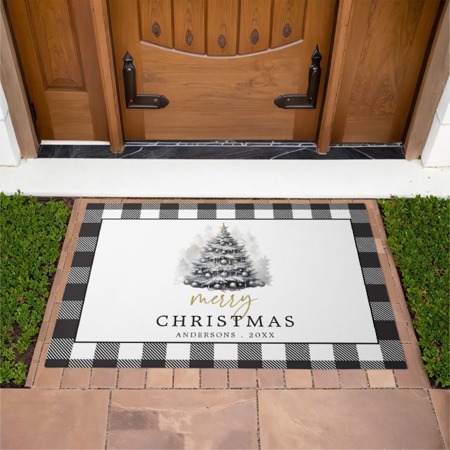 Black White Buffalo Check Plaid Merry Christmas Doormat (Outdoor)
