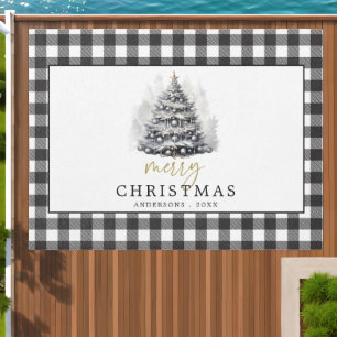 Black White Buffalo Check Plaid Merry Christmas Outdoor Rug