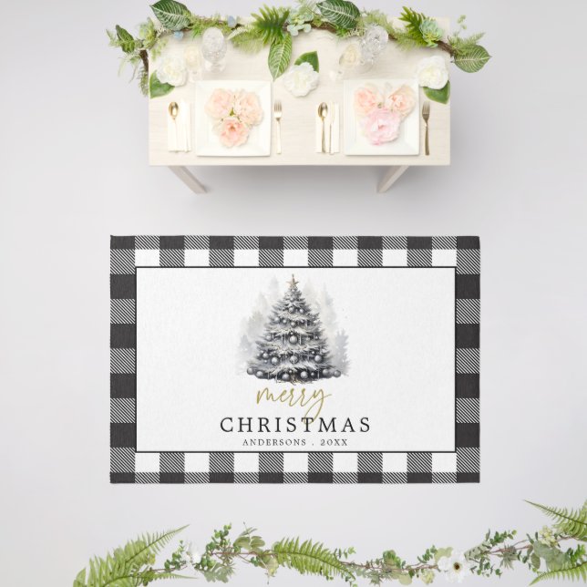 Black White Buffalo Check Plaid Merry Christmas Outdoor Rug (Insitu (Wedding 2))