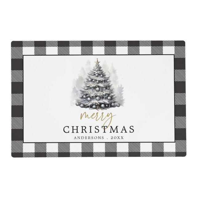 Black White Buffalo Check Plaid Merry Christmas Placemat (Front)