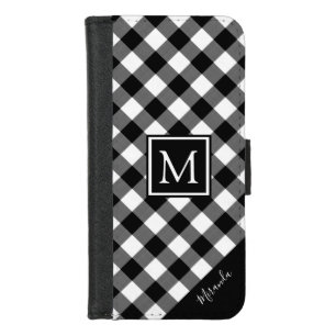 Black & White Buffalo Check Plaid Monogram & Name iPhone 8/7 Wallet Case