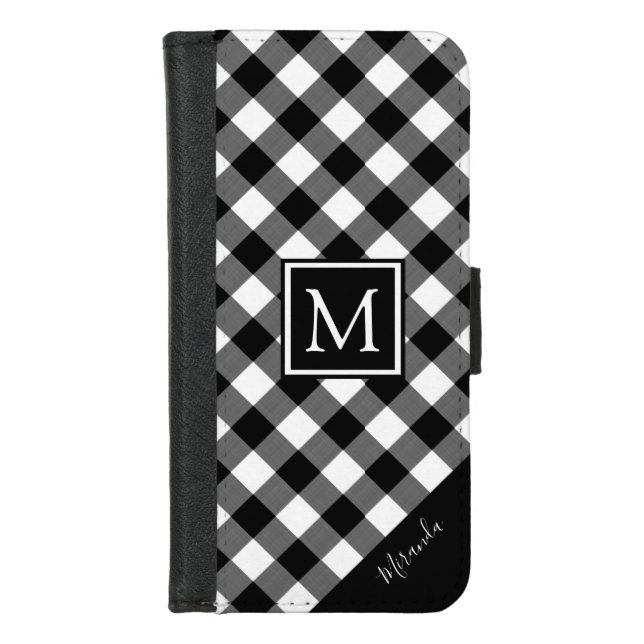 Black & White Buffalo Check Plaid Monogram & Name iPhone Wallet Case (Front)