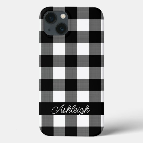 Black White Buffalo Check Plaid Personalized iPhone 13 Case