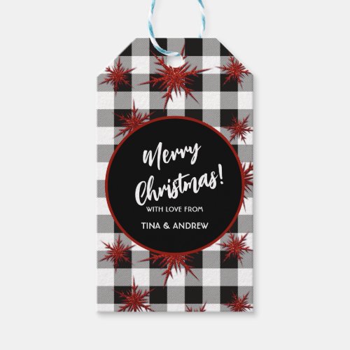 Black White Buffalo Check Red Glitter Snowflakes Gift Tags