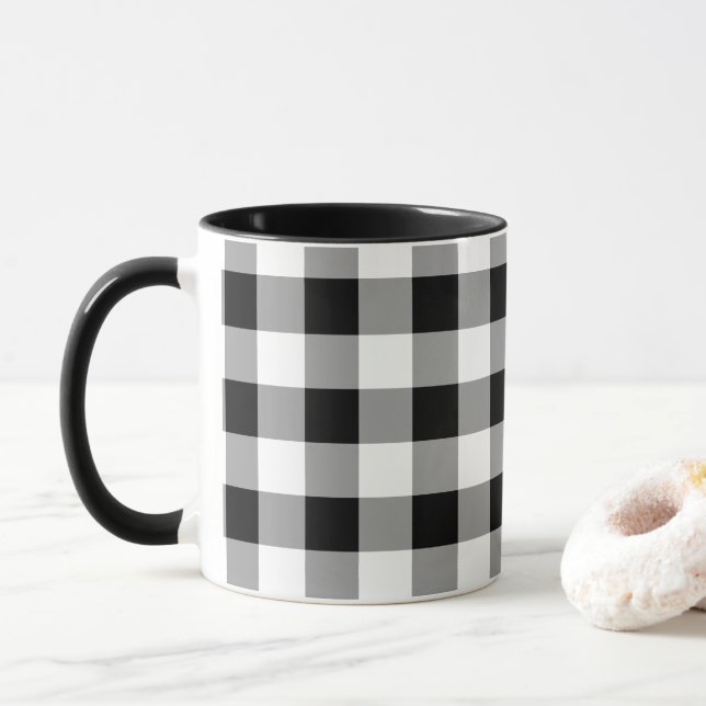 Black White Buffalo Checkered Plaid Pattern Mug (With Donut)