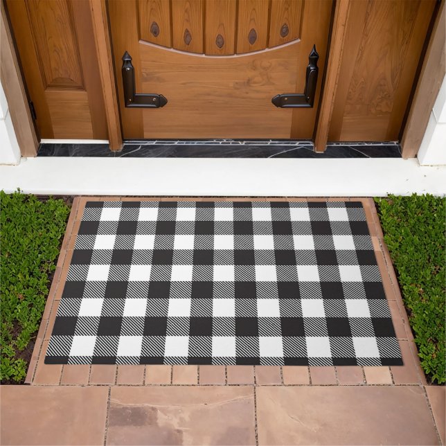 Black White Buffalo Gingham Check Plaid Holiday   Doormat (Outdoor)