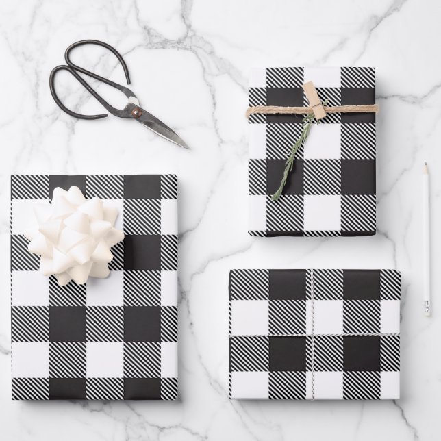 Black White Buffalo Gingham Check Plaid Holiday   Wrapping Paper Sheets (Front)