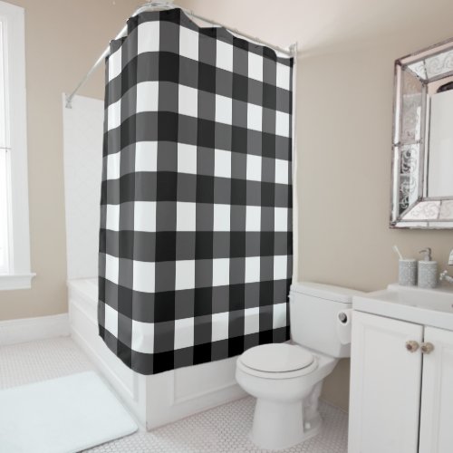 Black  White Buffalo Gingham Checkered Plaid Shower Curtain
