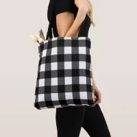 Black Grey White Gingham Plaid Checkered Tote Bag