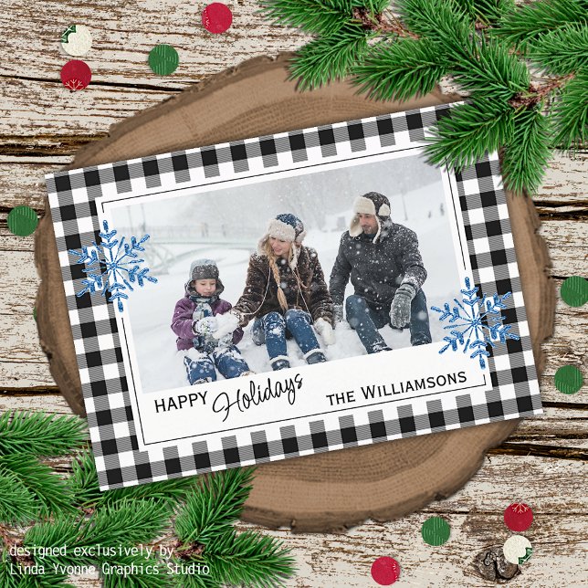 Black White Buffalo Lumberjack Plaid & Snowflakes Holiday Card (Creator Uploaded)