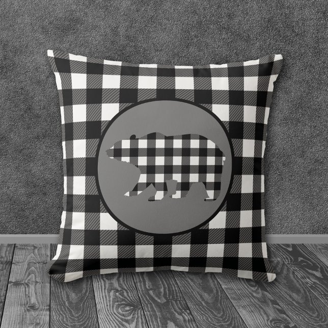 Black White Buffalo Plaid Bear Throw Pillow (Creator Uploaded)