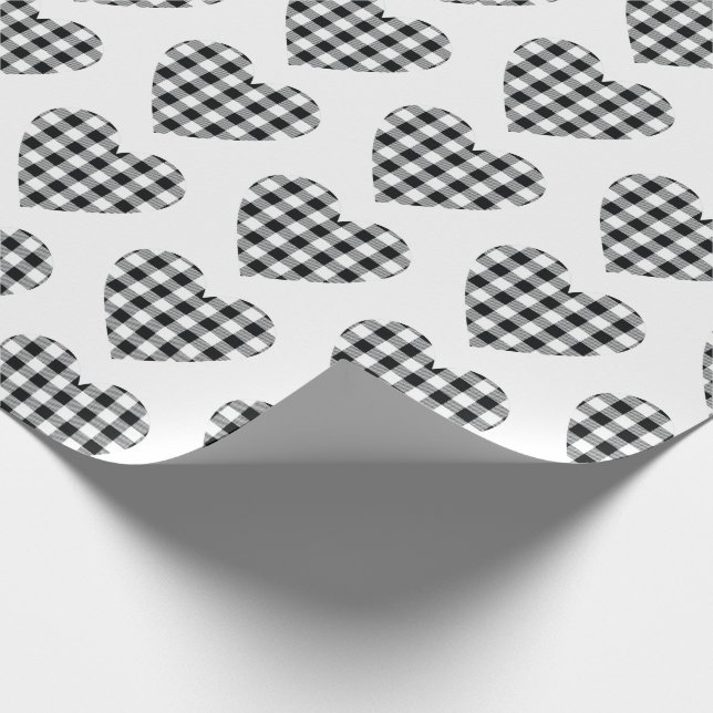 Black White Buffalo Plaid Check Hearts Country Wrapping Paper (Corner)