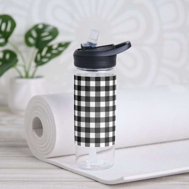 Black & White Buffalo Plaid, Checkered, Modern Water Bottle (Yoga)