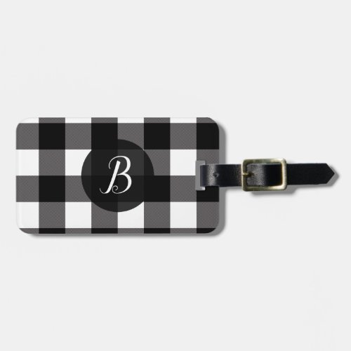Black  White Buffalo Plaid Checkered Squares Luggage Tag