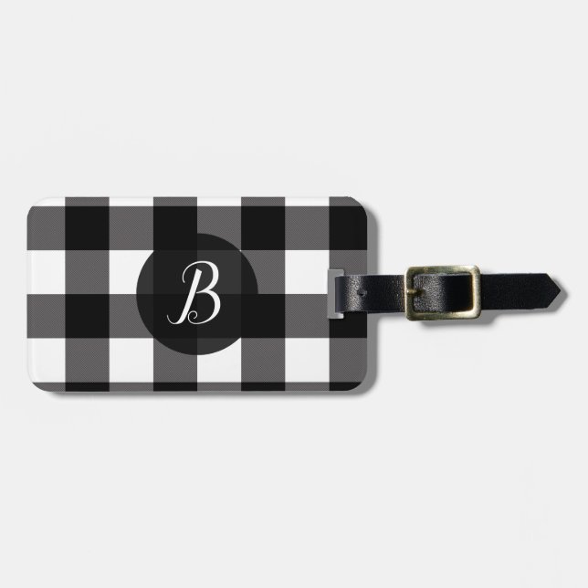 Black & White Buffalo Plaid Checkered Squares Luggage Tag (Front Horizontal)