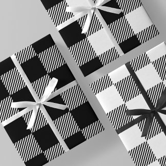 Black & White Buffalo Plaid, Checkers & Stripes Wrapping Paper Sheets