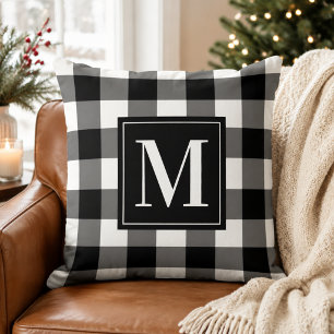 Black White Buffalo Plaid Christmas Monogram Throw Pillow