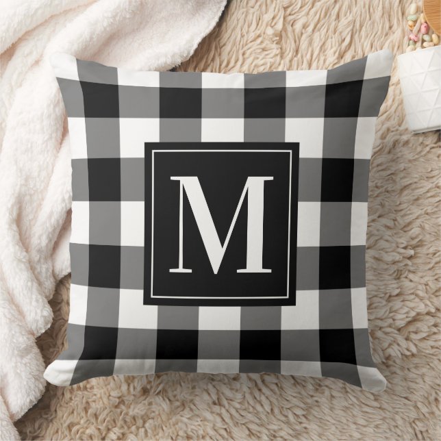 Black White Buffalo Plaid Christmas Monogram Throw Pillow (Blanket)